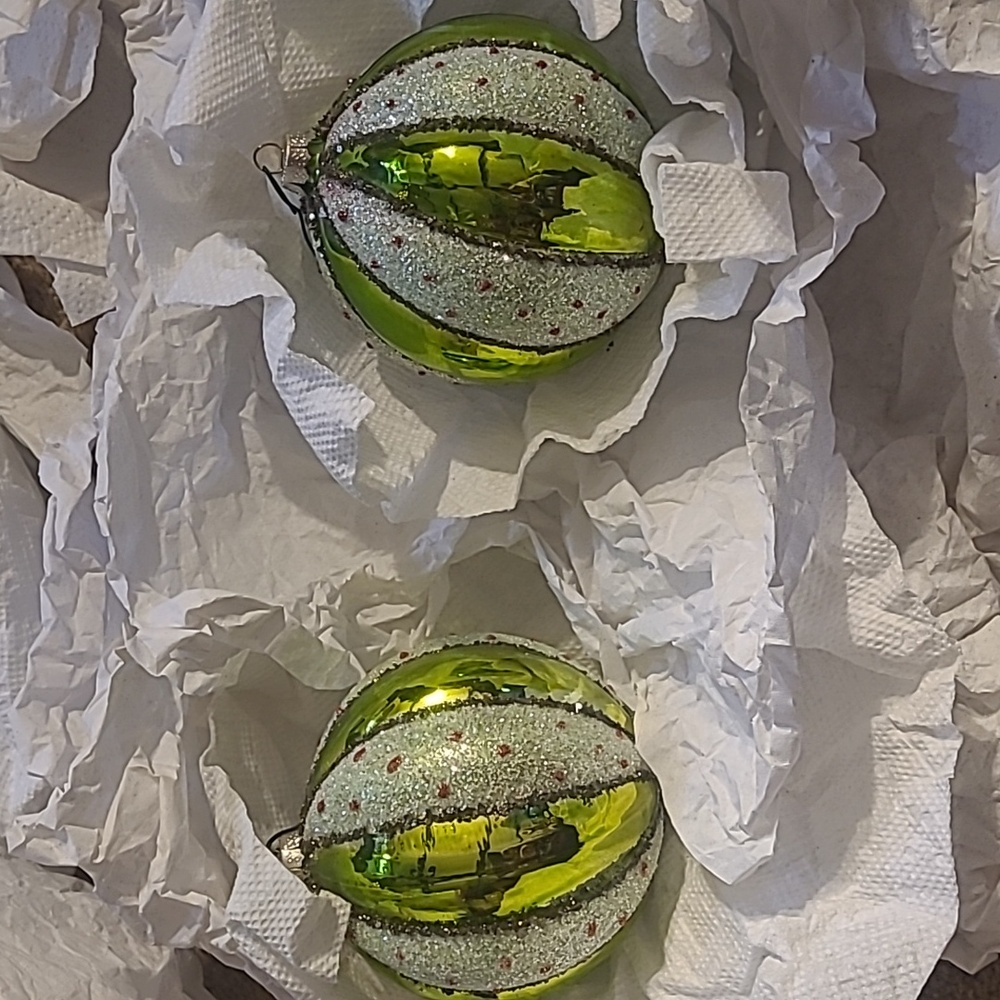 Bright green white sparkly glitter Vintage Set of 2 plastic decorative ornaments